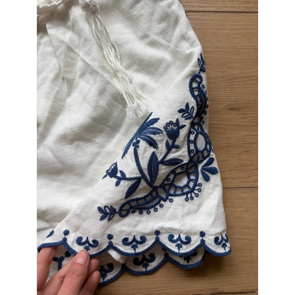 Caroline Constas White Navy Embroidered Linen Strapless Romper Scallop Hem Small - Picture 3 of 9